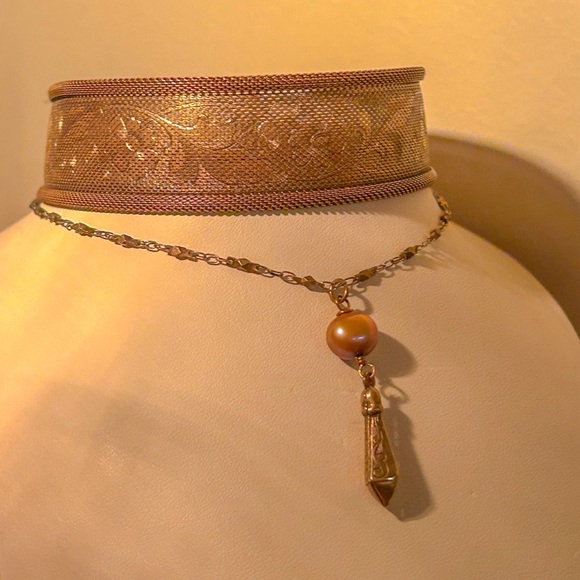 Jan Michaels Jewelry - Victorian Brass “Lace” Choker with pearl (Jan Michaels)